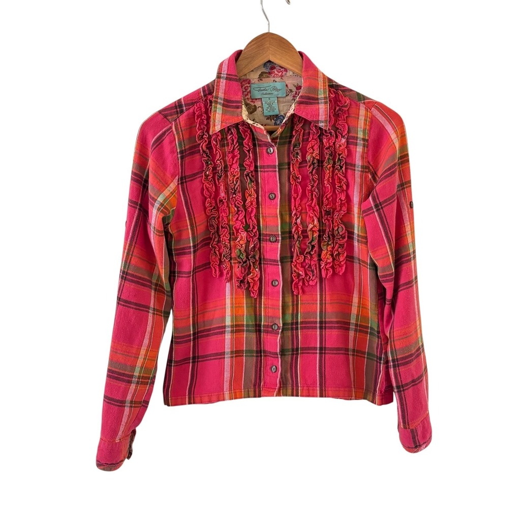 Tasha Polizzi Plaid Flannel Top Womens S‎ Pink Ruffle Western Boho